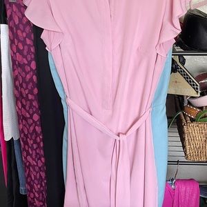 Ann Taylor, blush pink, midi dress, flutter sleeve and hem, self belt, Size 6
